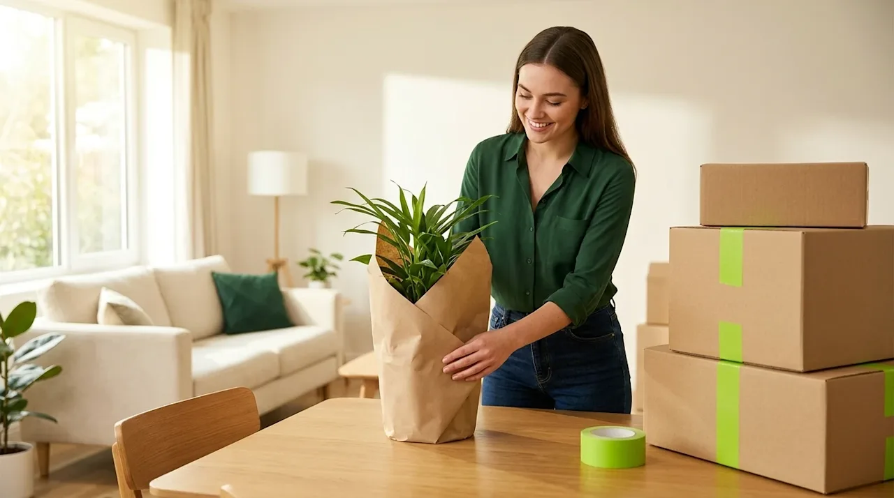 Clear, professional marketing photography of a bright, modern living room where a person is demonstrating eco-friendly moving