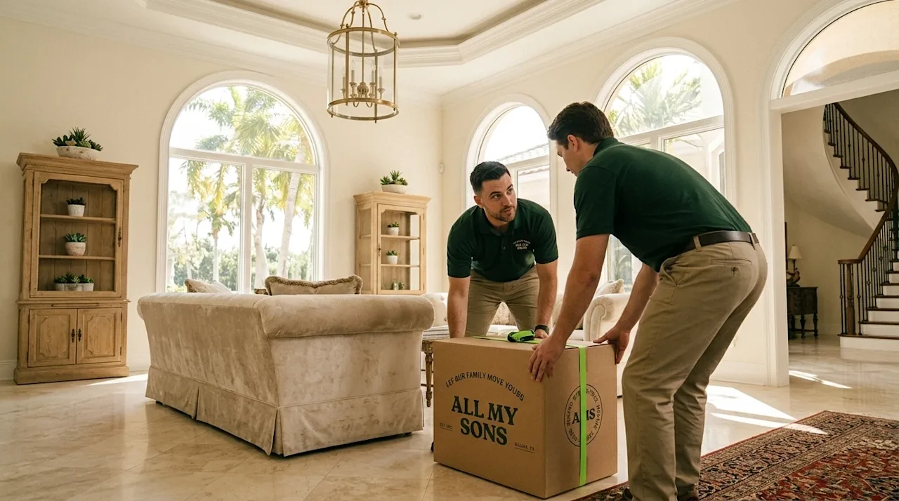 Professional marketing photography of a bright, luxurious Florida mansion living room interior with high ceilings and large a