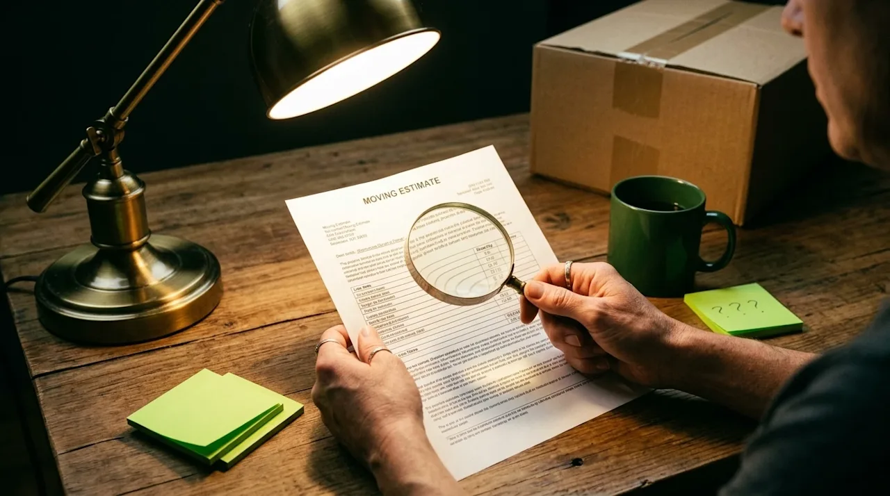 A realistic, candid 35mm photograph of a person's hands holding a magnifying glass, closely inspecting a confusing, generic m