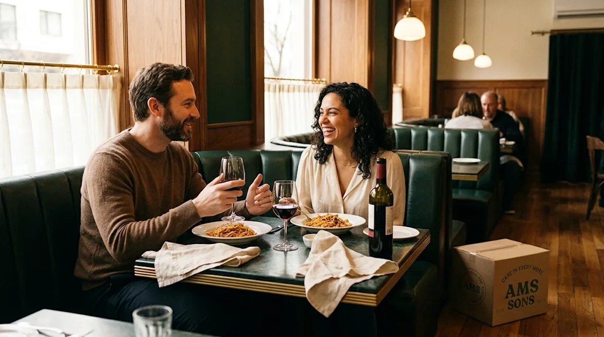 A candid lifestyle photograph of a happy couple enjoying a lovely meal at a cozy, upscale local restaurant. The scene feature