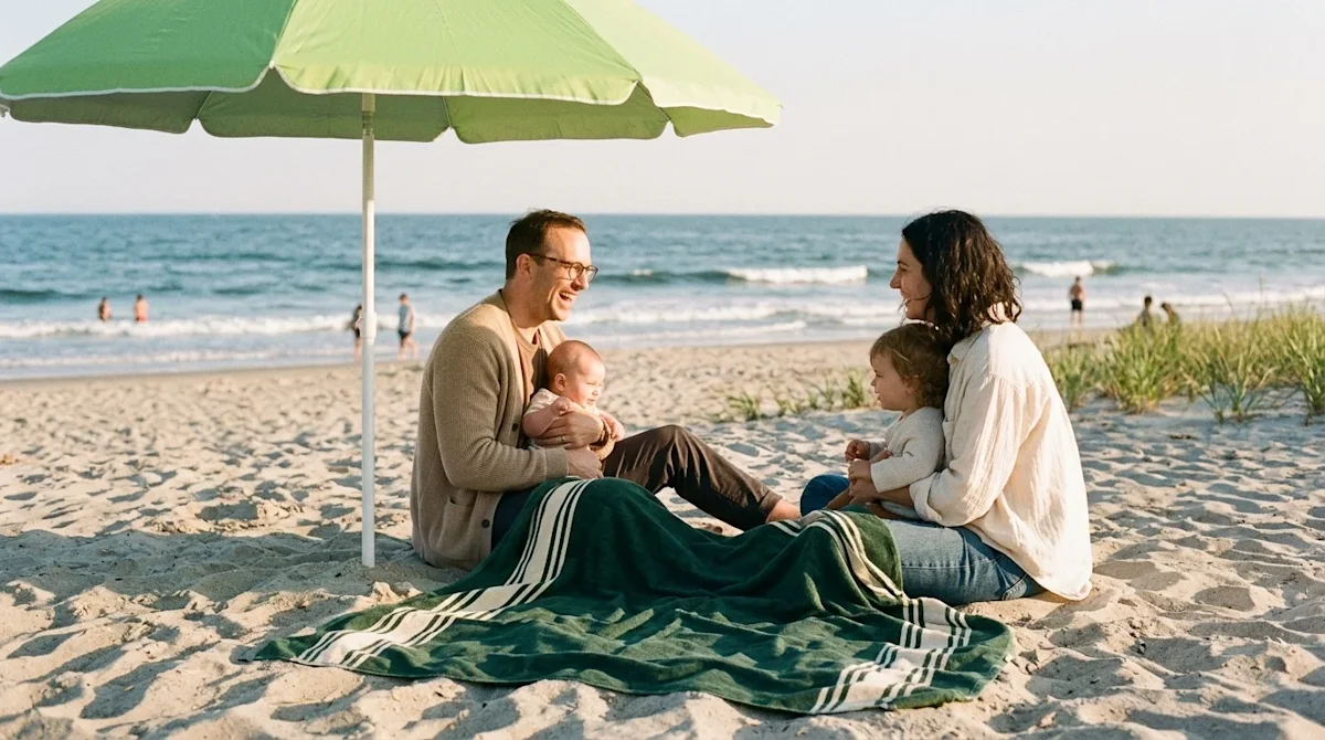 Candid lifestyle photography of a happy family relaxing on a beautiful, sunlit sandy beach. The scene features subtle brand c