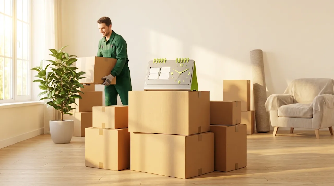 Professional mover with boxes and a clock symbol representing the best time to move in a bright, clean home.
