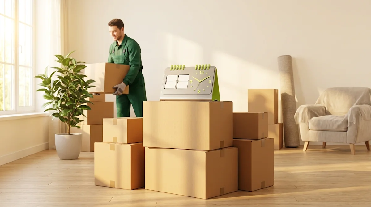 Professional mover with boxes and a clock symbol representing the best time to move in a bright, clean home.