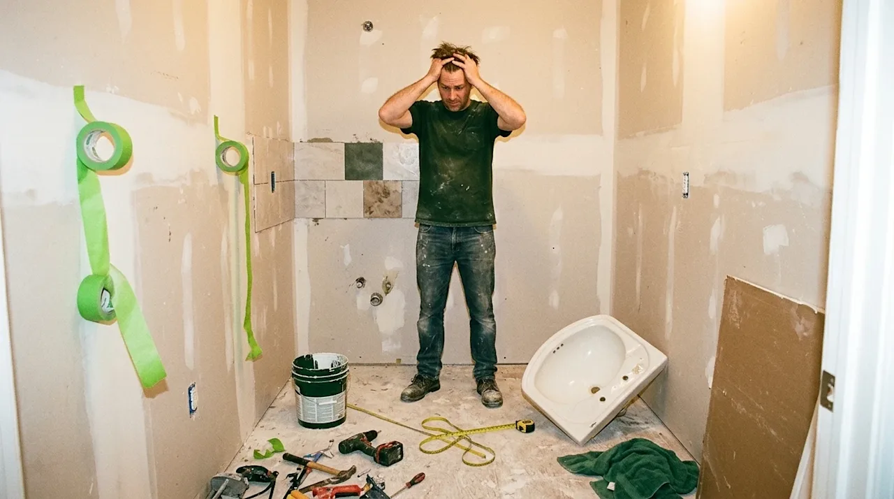 Clear, professional marketing photography with a warm, nostalgic 35mm film aesthetic showing a stressed homeowner standing in