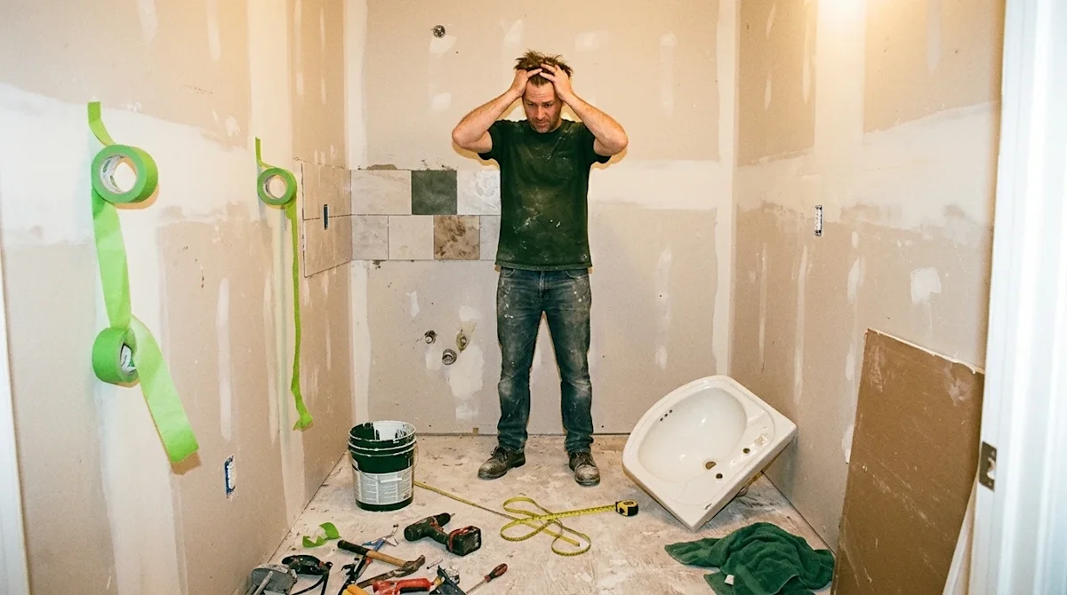 Clear, professional marketing photography with a warm, nostalgic 35mm film aesthetic showing a stressed homeowner standing in