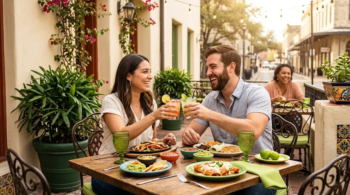 A clear, professional marketing photograph of a cheerful couple enjoying a meal at a vibrant San Antonio restaurant patio. Th