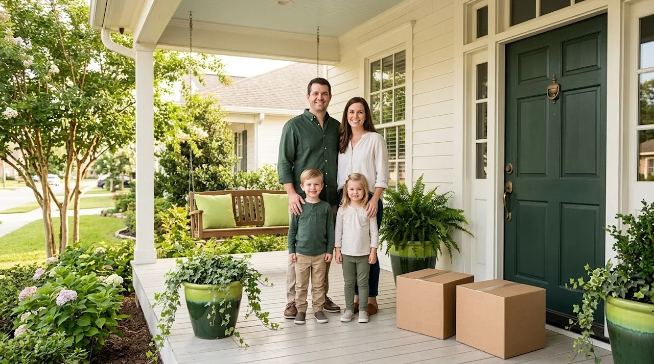 Professional marketing photography of a happy family standing on the welcoming front porch of a charming, traditional southern home.