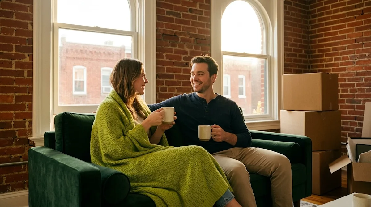 Candid lifestyle photography of a relaxed, smiling couple taking a stress-free coffee break in the living room of their newly