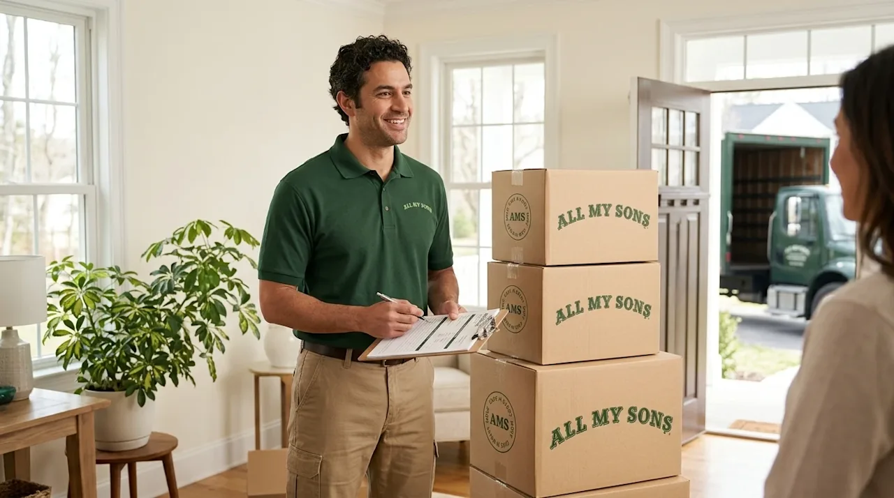 Professional commercial photography of a friendly local mover discussing a moving estimate.