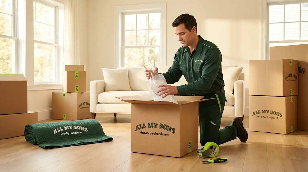 Professional All My Sons mover carefully packing fragile items into a cardboard box in a sunlit living room.