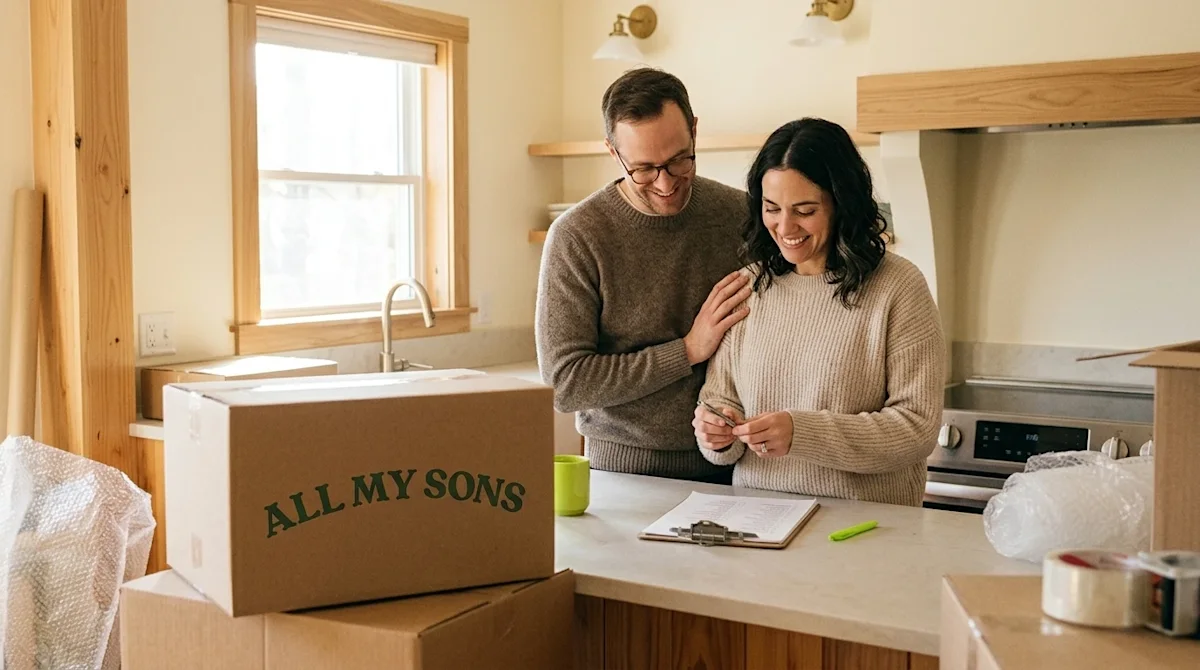 A candid, warm lifestyle photograph of a smiling couple standing at a bright kitchen island, carefully reviewing a moving che