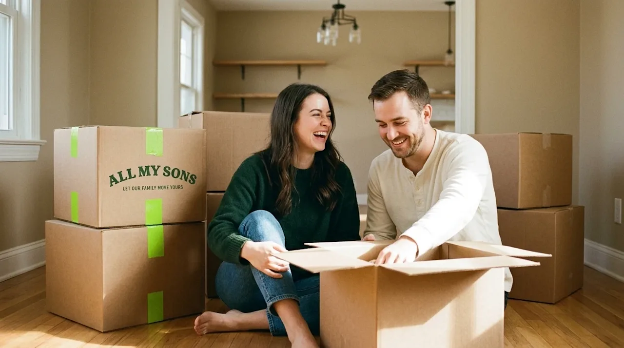 A candid, heartwarming lifestyle photograph of a joyful couple unpacking in their new home, capturing the pure happiness and
