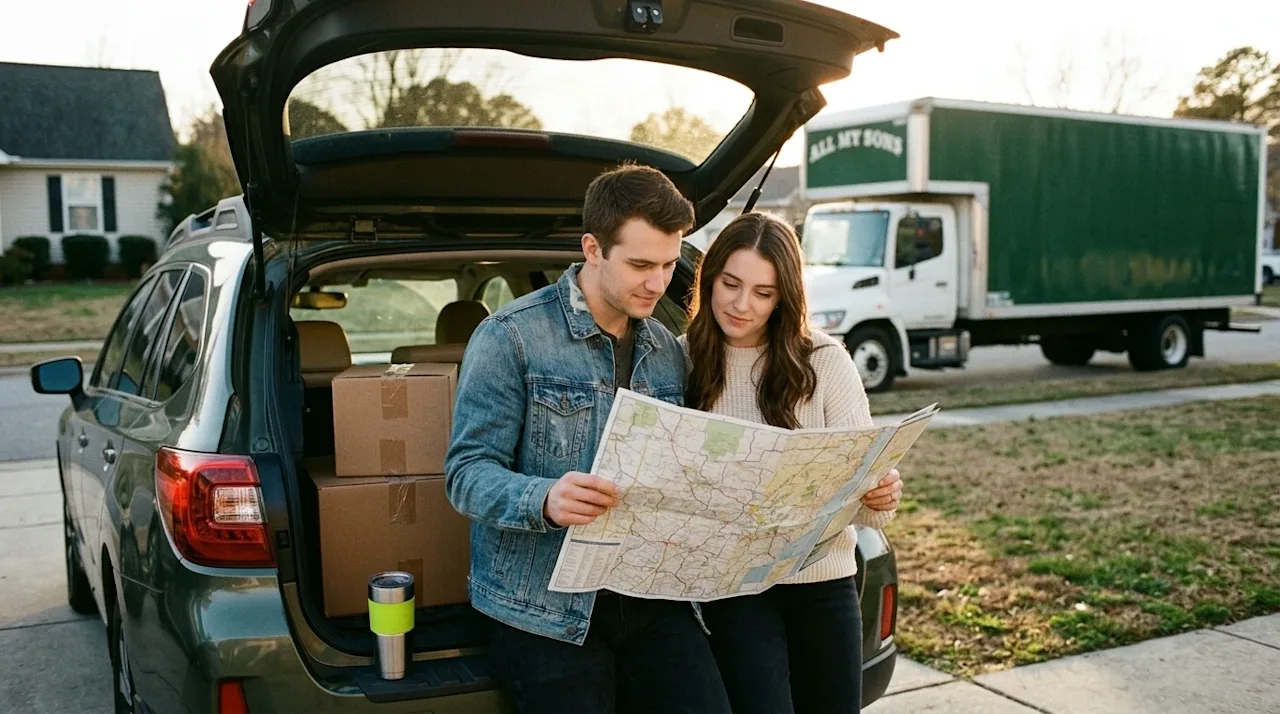 Candid 35mm film photography of a young couple standing by the open trunk of their car in a residential driveway, looking tho