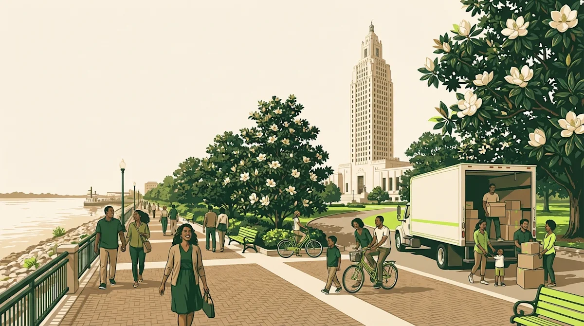 Movers unloading truck near Louisiana State Capitol and magnolia trees along the Mississippi River in Baton Rouge