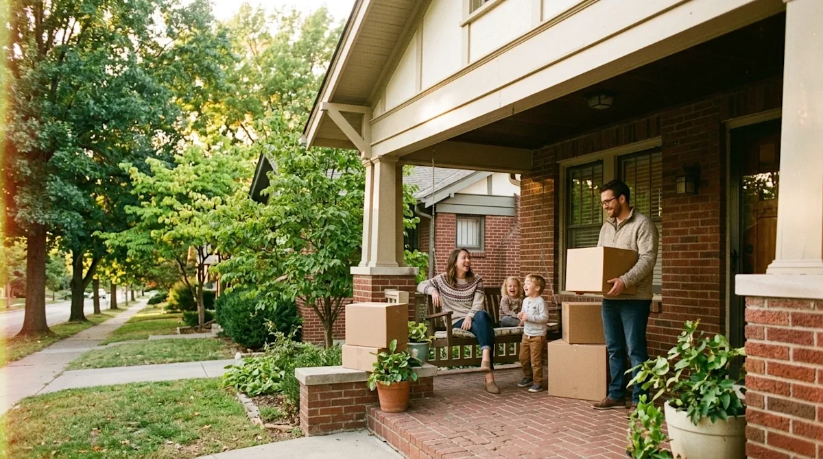 A photorealistic lifestyle photograph of a picturesque, welcoming residential street in a charming Kansas City neighborhood.