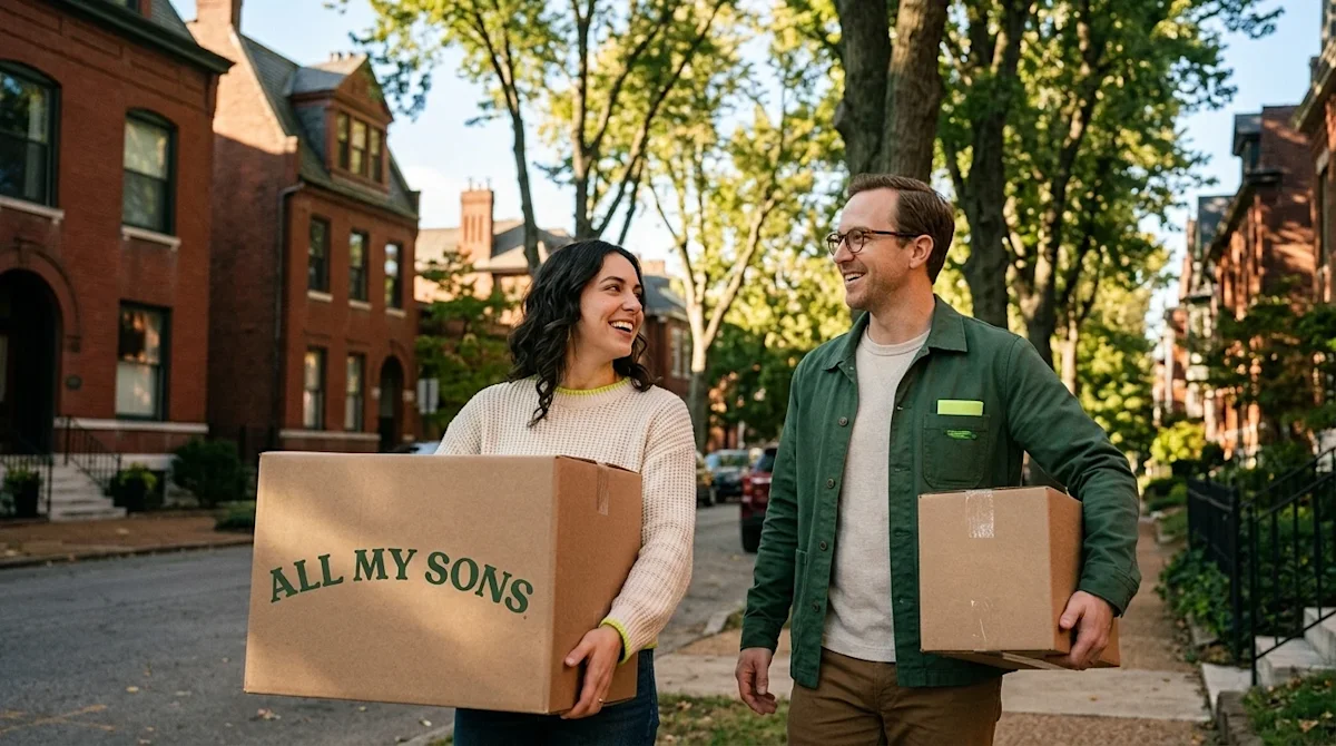 A happy couple carrying brown cardboard moving boxes on a sunny sidewalk in a picturesque, historic Missouri neighborhood.