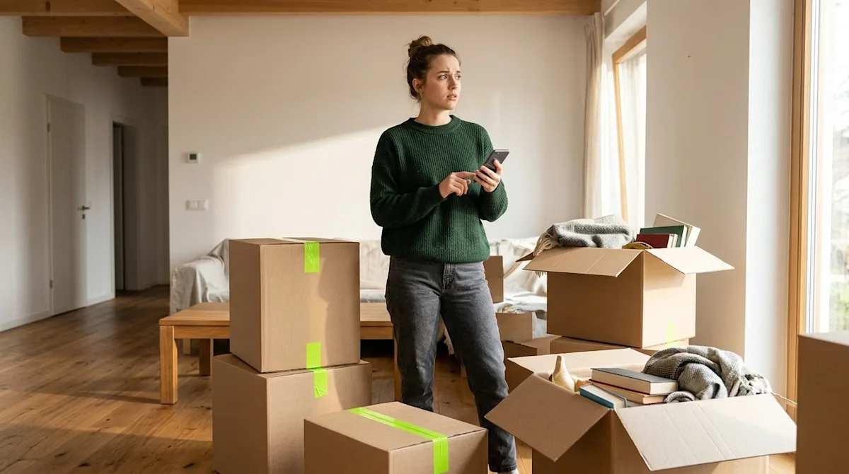 Professional marketing photography of a young woman standing in a partially unpacked, modern sunlit living room with warm woo