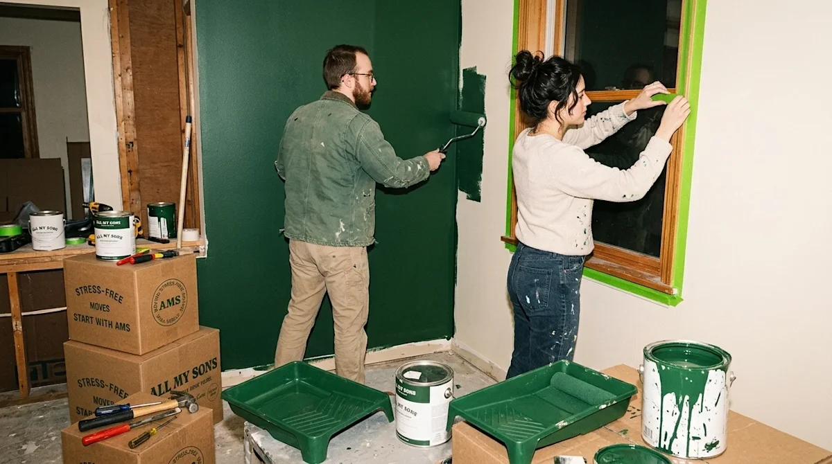 Candid lifestyle photography of a young couple working on a DIY home renovation inside a messy, mid-project house. The room f