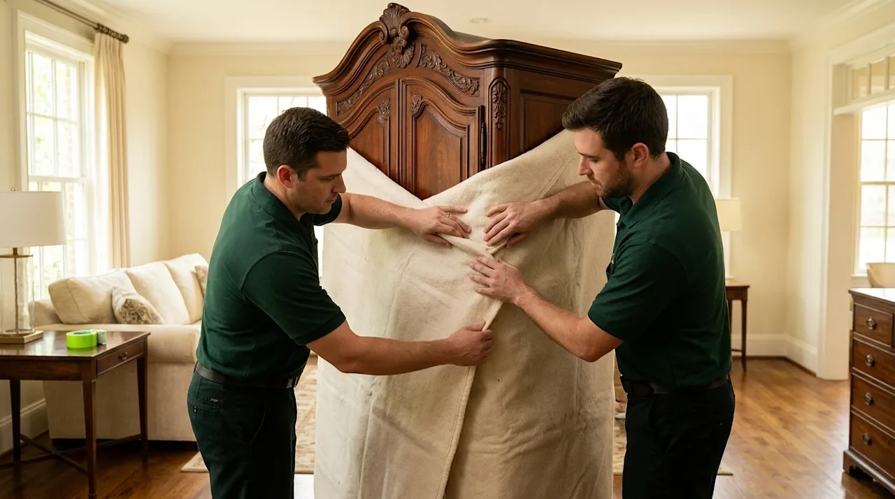 Professional marketing photography of two focused movers carefully wrapping a large, intricately carved antique mahogany armo
