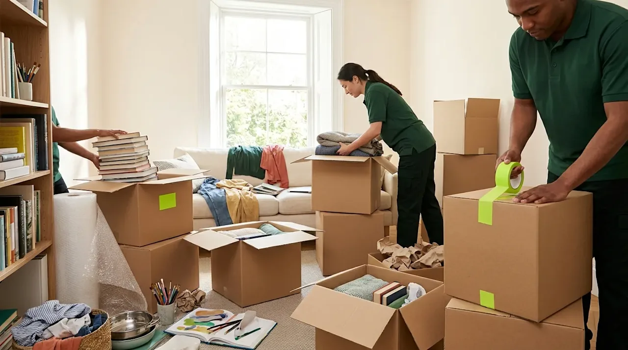 Professional movers packing cardboard boxes with lime green tape in a cluttered living room for a house move.