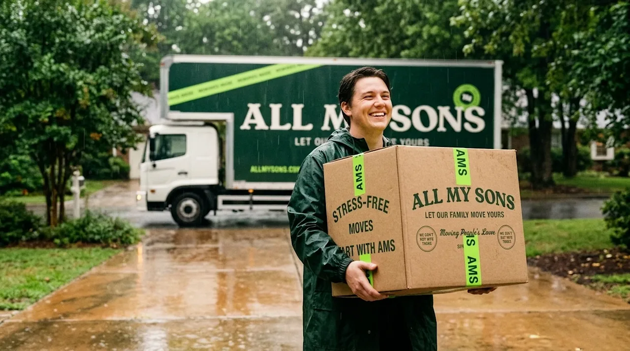 A candid, lifestyle 35mm film photograph of a moving day in Greenville during a gentle rain. In the foreground, a smiling per