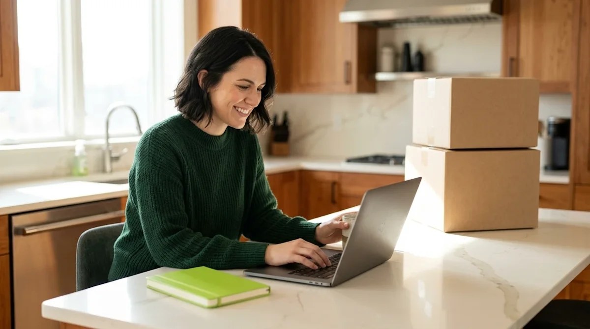 Professional marketing photography of a relaxed, smiling person sitting at a bright, modern kitchen island in a newly purchas