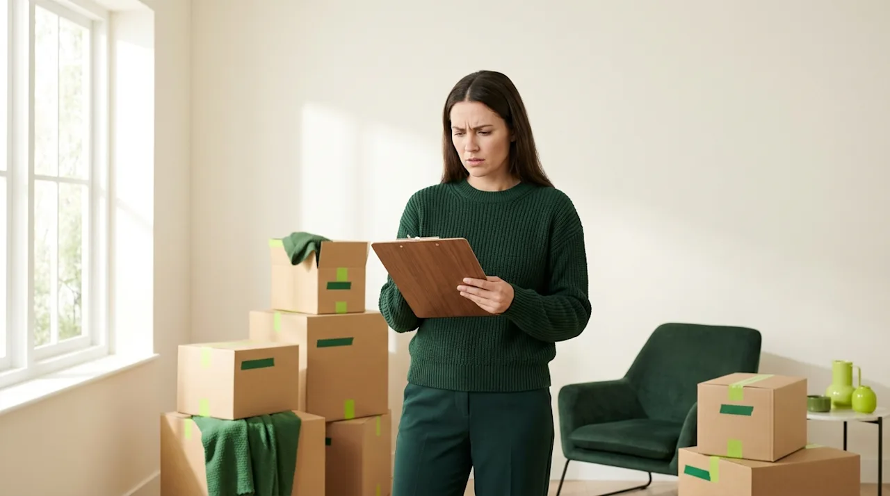 Stressed homeowner reviewing moving checklist among boxes in a bright room with forest green accents.