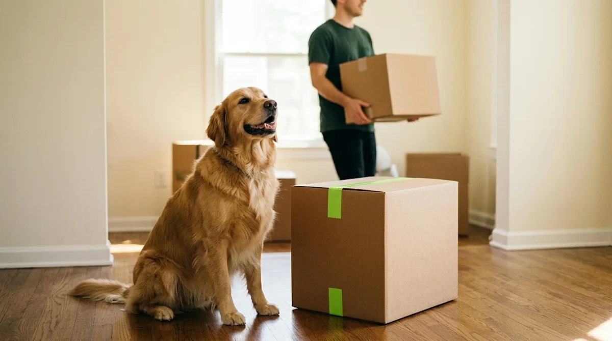 Clear, professional marketing photography of a moving day scene featuring a happy Golden Retriever sitting calmly on a hardwo