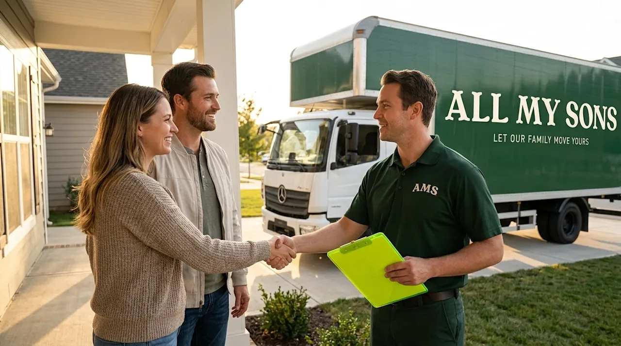 Candid lifestyle photography of a smiling couple standing on their front porch, warmly shaking hands with a friendly professi