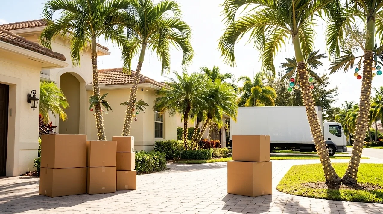 Professional lifestyle photography of a warm and sunny Christmas in Miami. A beautiful tropical residential home with light s