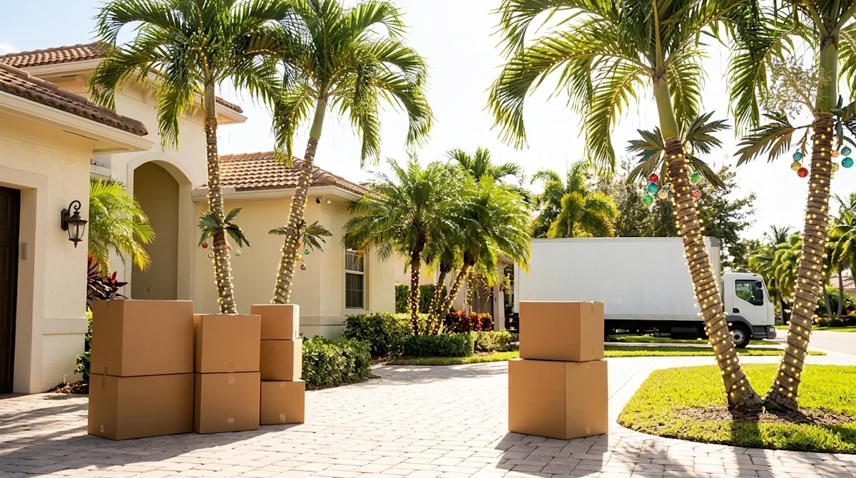 Professional lifestyle photography of a warm and sunny Christmas in Miami. A beautiful tropical residential home with light s