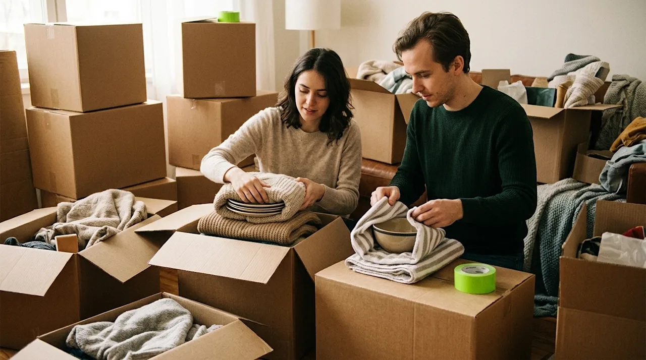 A candid, vintage-style lifestyle photograph of a young couple packing for a move in a warmly lit living room, demonstrating