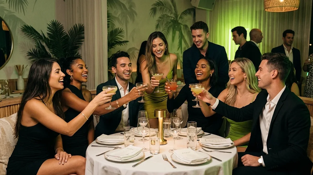 Clear, professional marketing photography of a vibrant, upscale West Palm Beach nightclub scene. A diverse group of stylish y