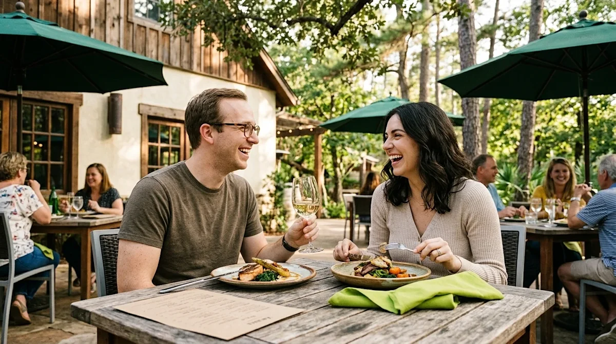 A candid, warm lifestyle photograph of a happy couple enjoying a meal at a beautiful, rustic-chic outdoor patio restaurant in