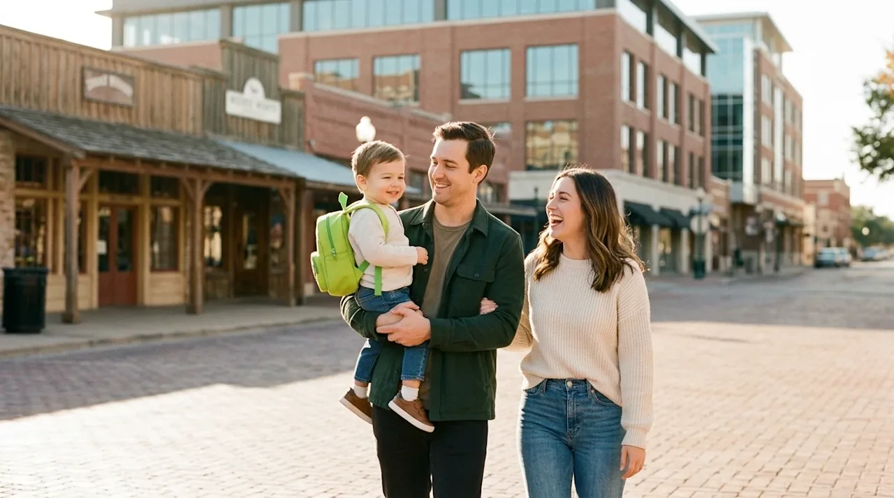 Professional lifestyle marketing photography of a happy young family exploring a vibrant, sunlit brick-paved street in downto