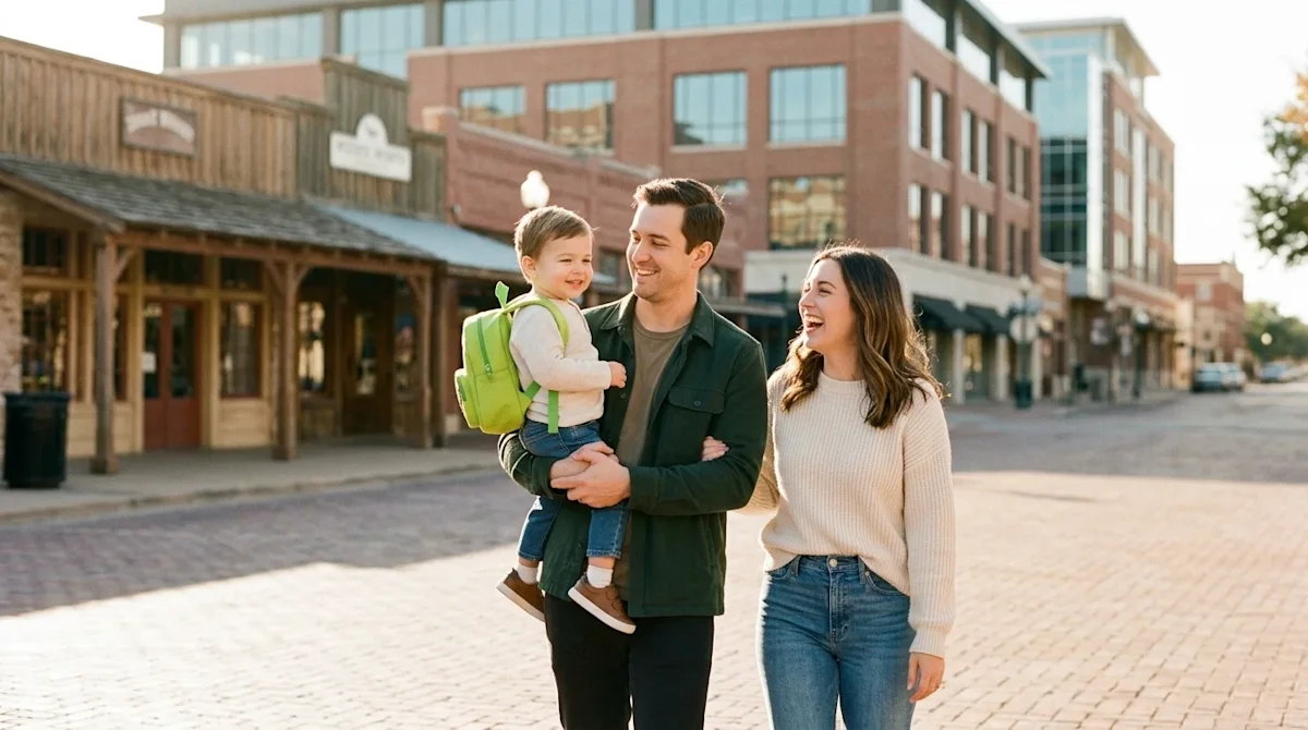 Professional lifestyle marketing photography of a happy young family exploring a vibrant, sunlit brick-paved street in downto