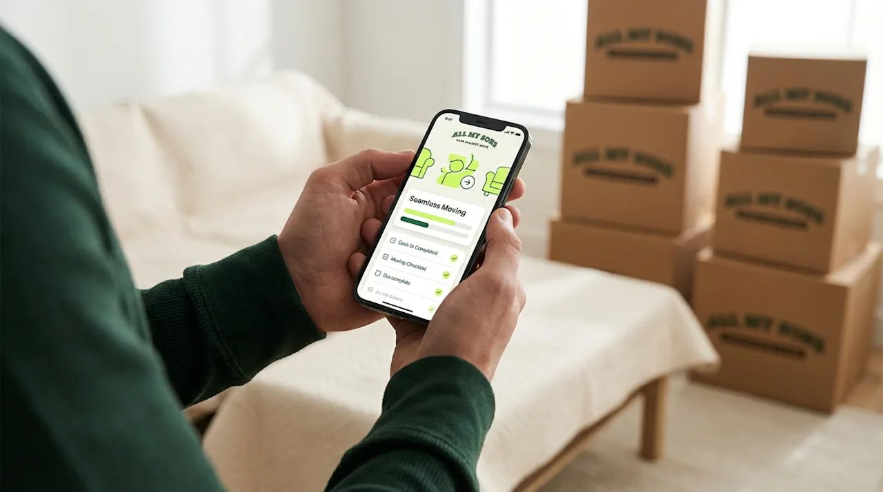 Person using a moving checklist app on a smartphone with packed moving boxes in the background.