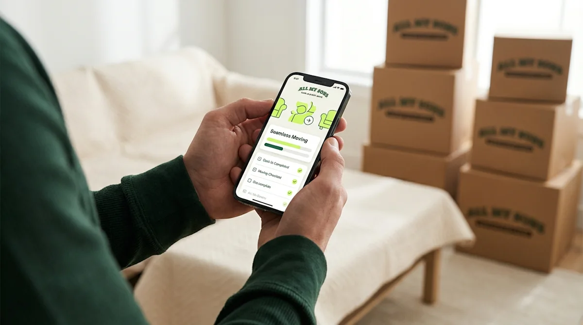 Person using a moving checklist app on a smartphone with packed moving boxes in the background.