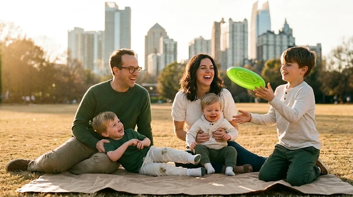 Candid 35mm film photography of a joyful family with young children playing together in Piedmont Park, Atlanta. The iconic At