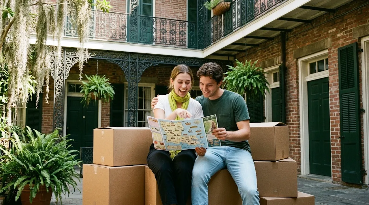 A candid, high-quality lifestyle photograph of a smiling couple taking a break from unpacking, sitting on stacked cardboard m