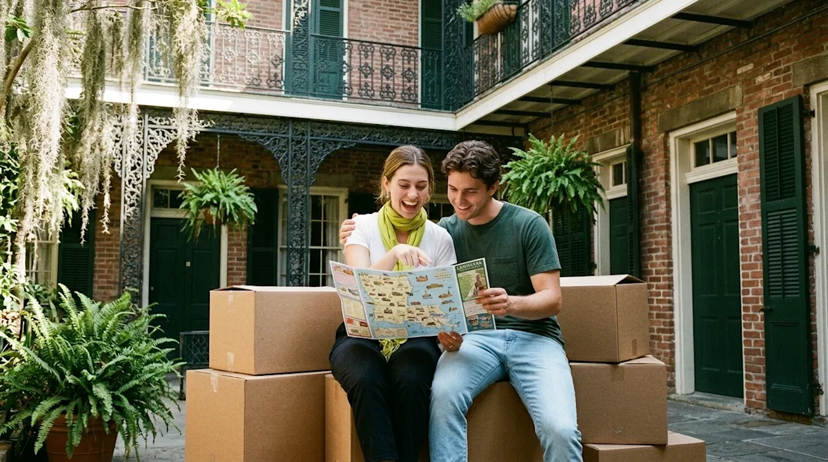A candid, high-quality lifestyle photograph of a smiling couple taking a break from unpacking, sitting on stacked cardboard m