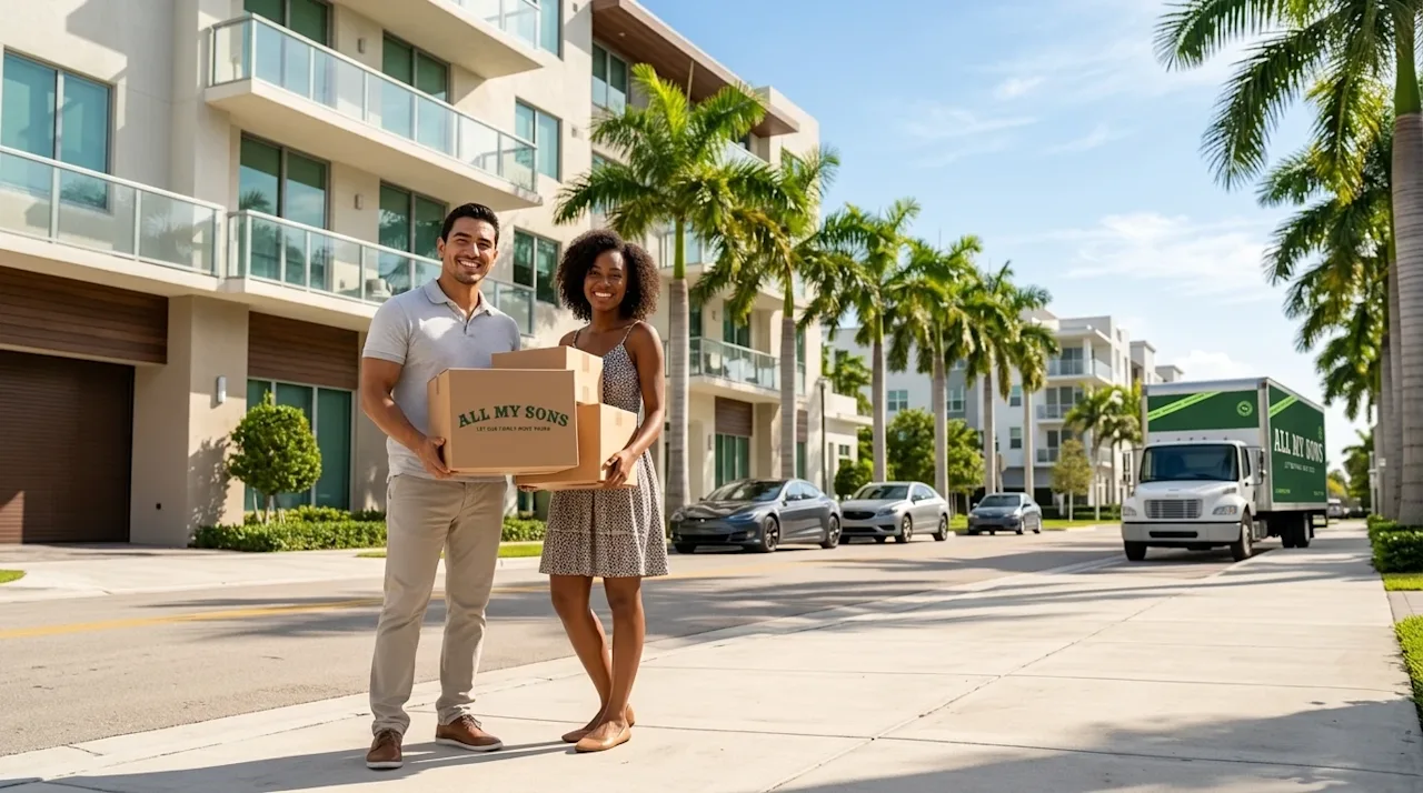 Commercial photography of a vibrant, sunlit modern Miami neighborhood ideal for young professionals. A stylish, diverse young