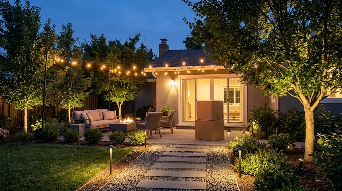 Professional architectural exterior photography of a beautifully designed backyard patio at twilight. The scene focuses on el