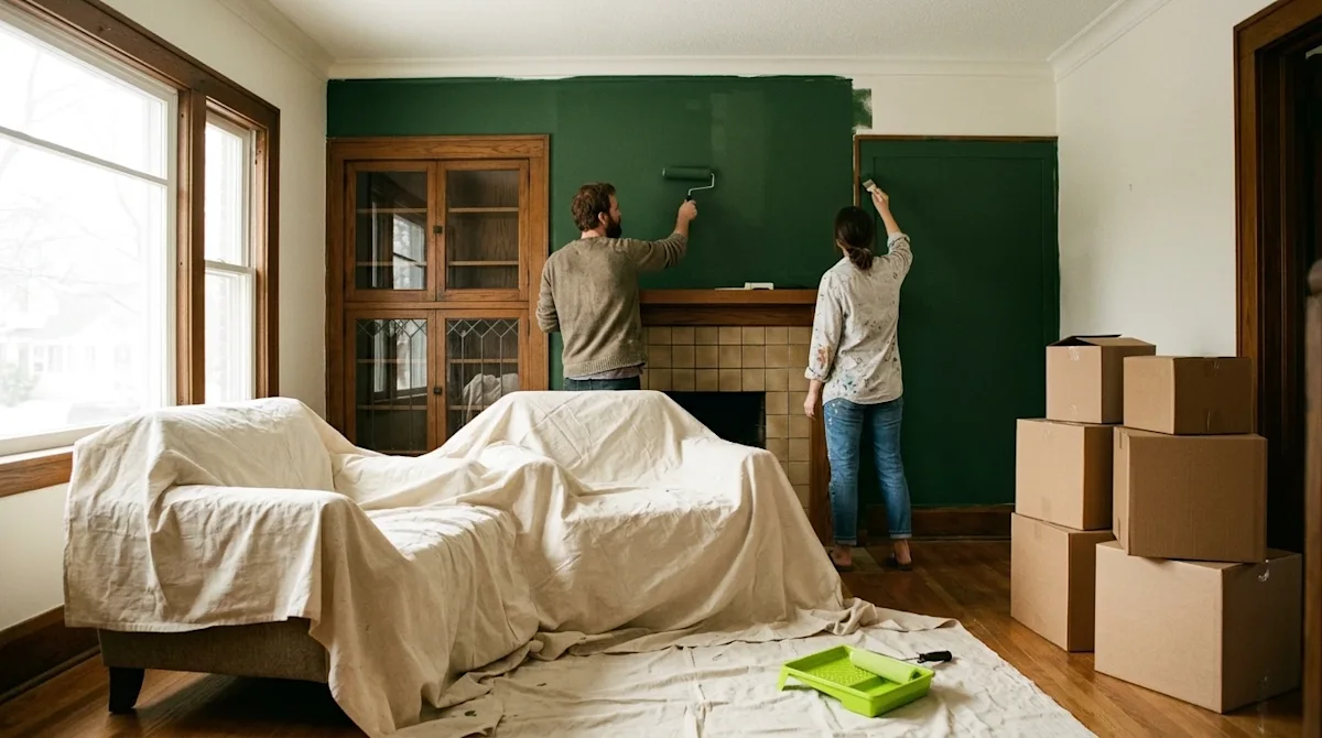 Candid lifestyle photography of a couple renovating a classic Midwestern craftsman home living room. They are painting an acc