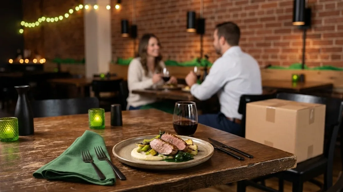 Professional photography of a highly-rated restaurant scene in Columbus, Ohio, featuring a beautifully plated gourmet meal on