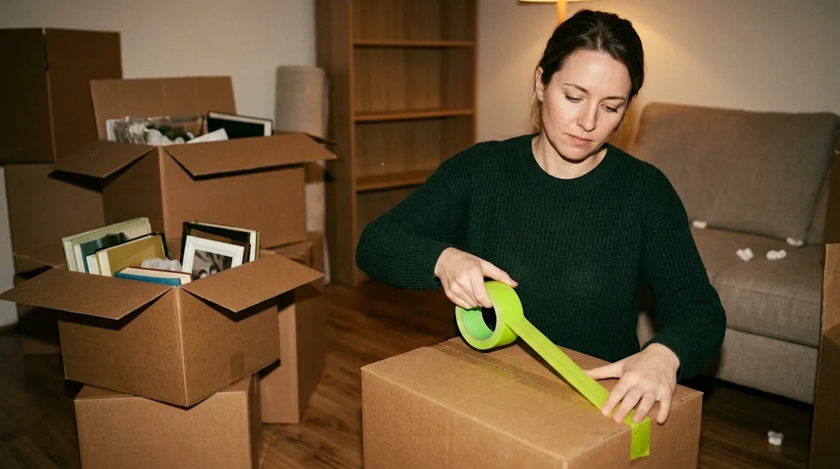 Candid lifestyle 35mm film photography of a thoughtful, subtly stressed homeowner packing brown cardboard boxes in a warm, di