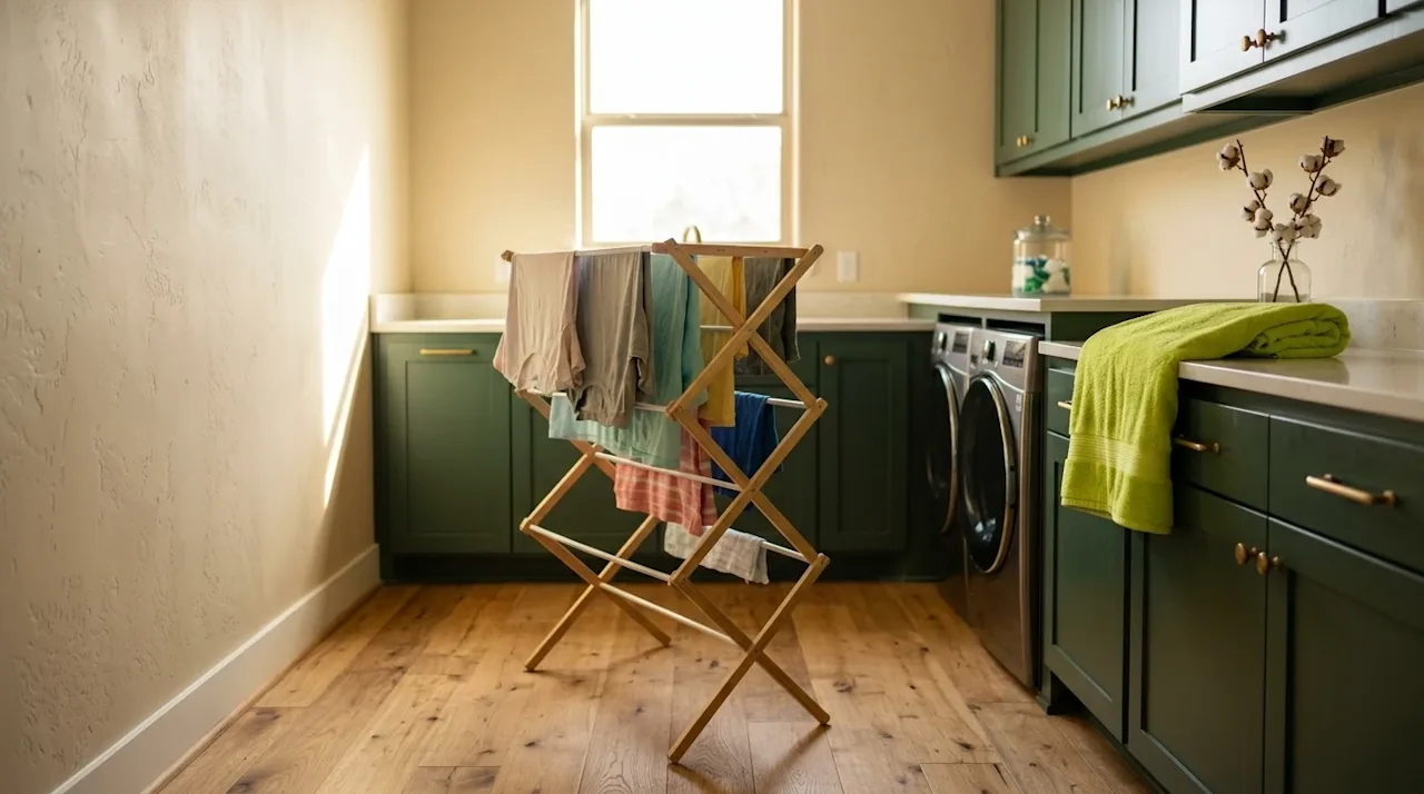 Clear, professional marketing photography of a bright, sunlit home laundry room. A wooden folding drying rack stands in the c