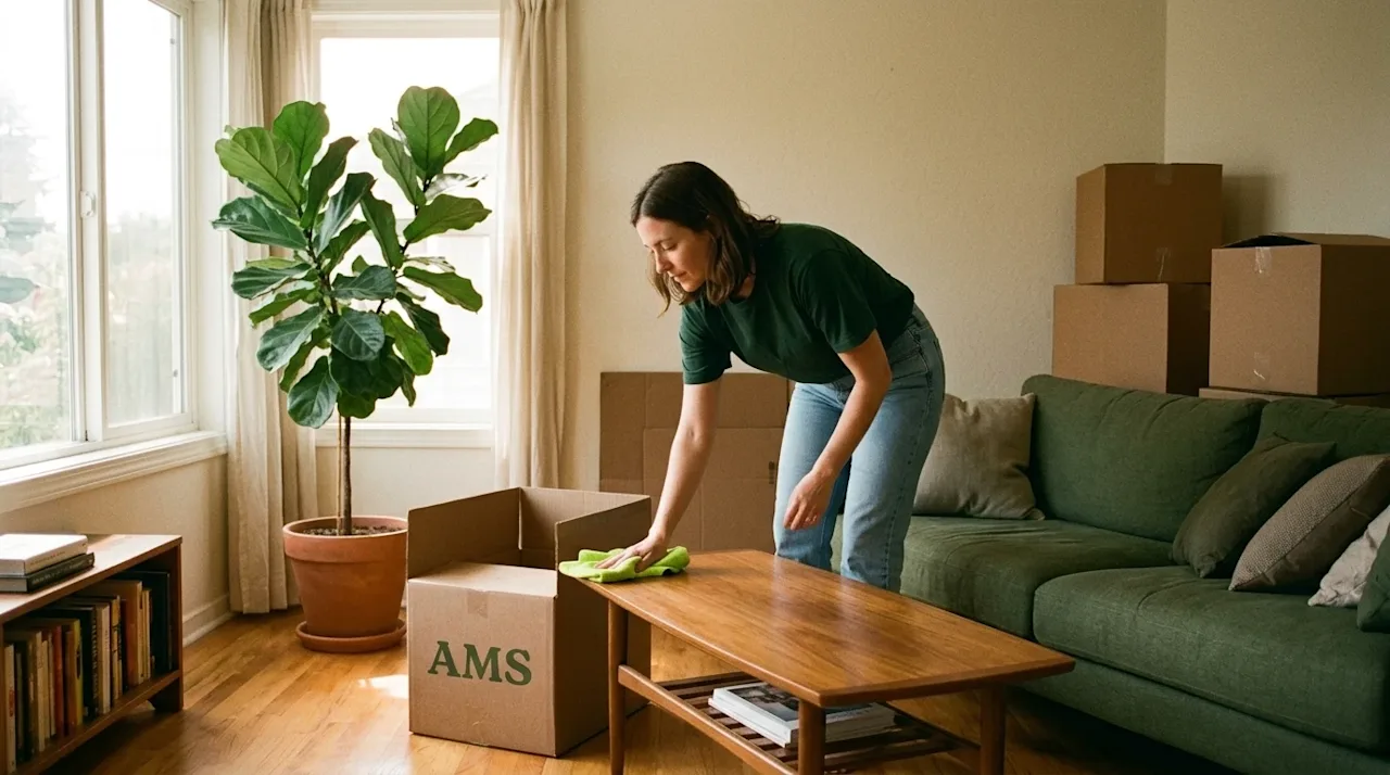 Candid lifestyle photography of a person cleaning and organizing a cozy, sunlit living room, perfectly capturing the aestheti