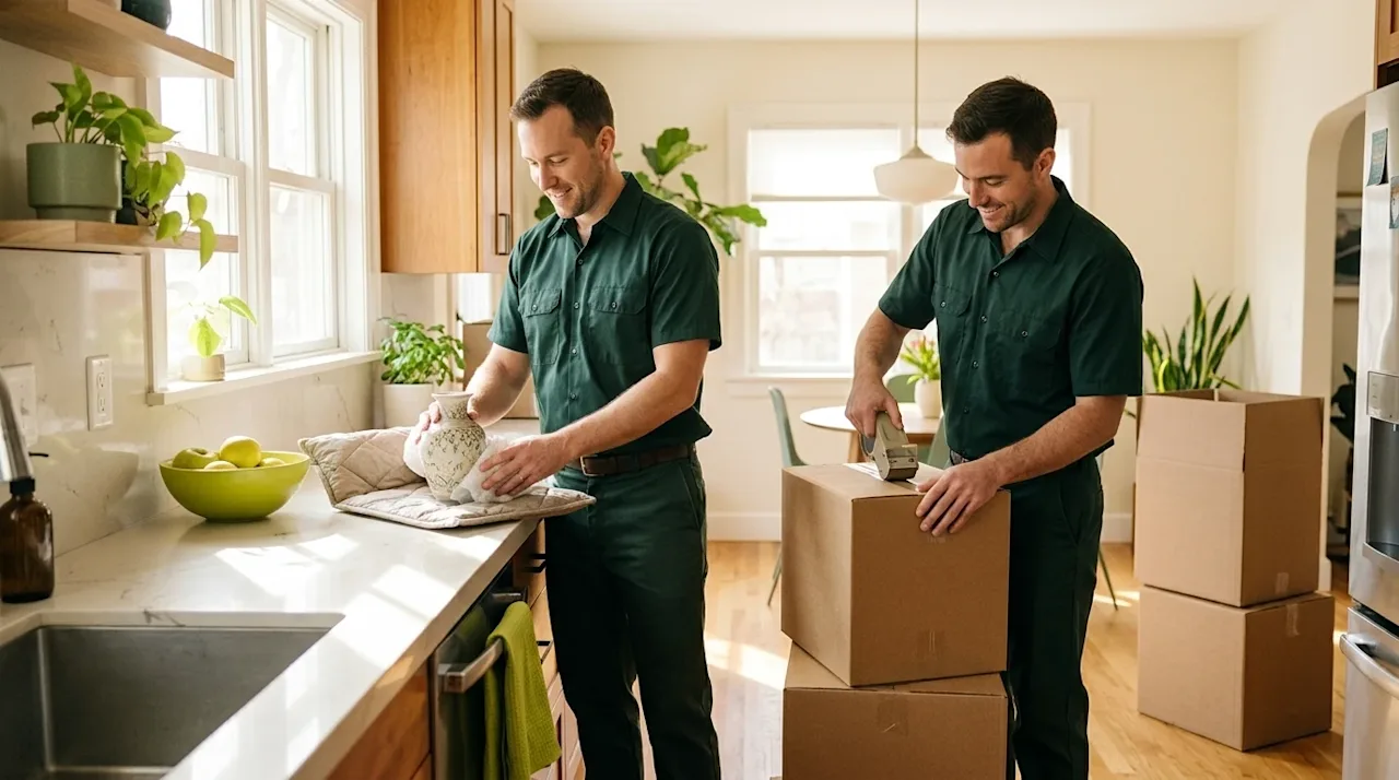 Clear and professional marketing photography of a full-service moving team in action inside a bright, warmly lit home interio