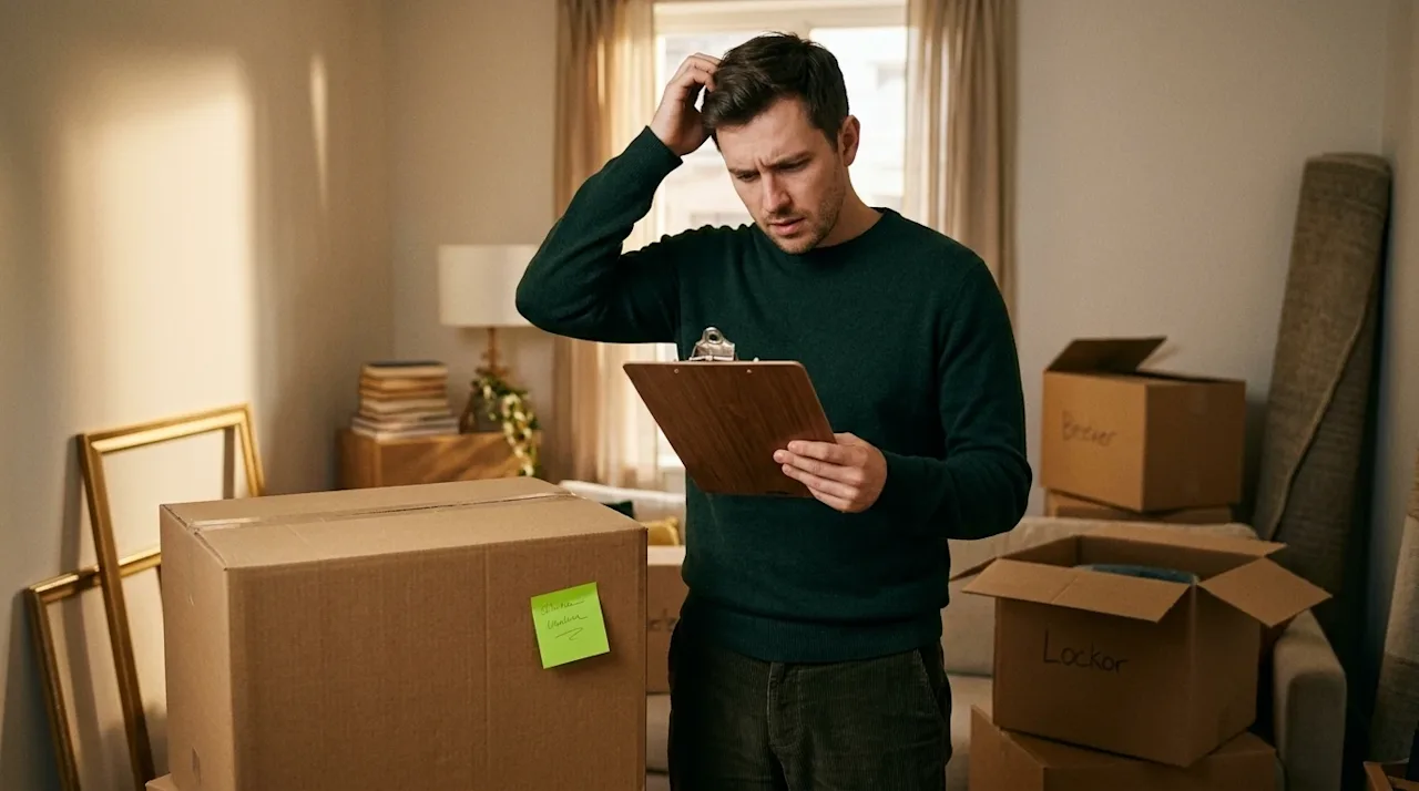 Candid 35mm film lifestyle photography of a concerned homeowner standing in a partially packed, warm living room, carefully r